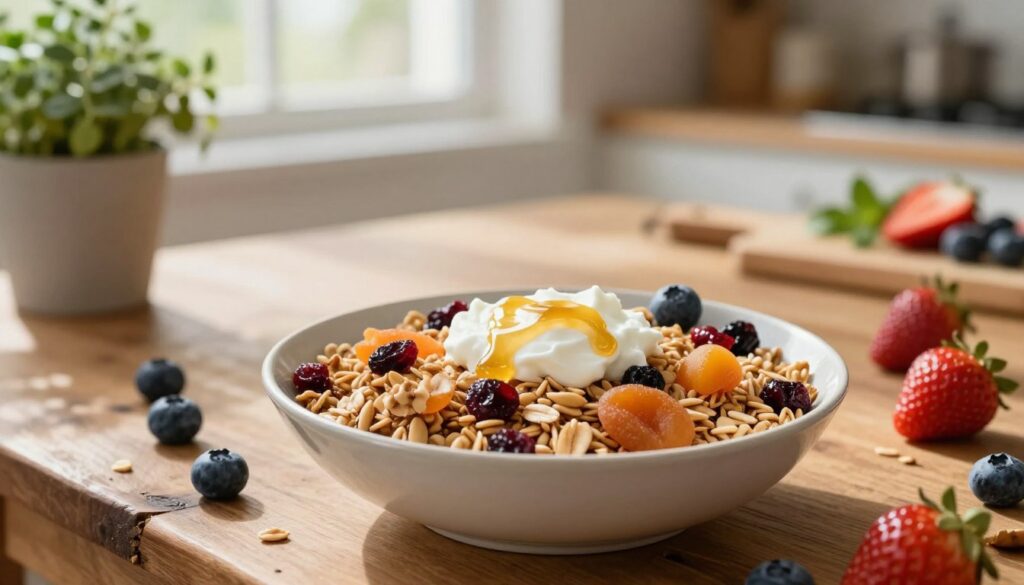 A beautifully styled bowl of granola sits in the foreground, overflowing with a mix of golden oats, crunchy nuts, and plump dried fruits like cranberries and apricots. The granola is artfully arranged with a dollop of creamy yogurt on top, drizzled with honey. Surrounding the bowl, fresh berries including blueberries and strawberries add vibrant color. In the middle ground, a rustic wooden table is prominent, enhancing a warm, inviting atmosphere. Soft, natural lighting filters through a nearby window, casting gentle shadows and highlighting the textures of the granola and fruits. The background features a blurred kitchen setting with potted herbs, a cutting board, and a hint of fresh ingredients, creating a cozy, homey vibe that conveys the wholesome goodness of granola as a nutritious breakfast option.