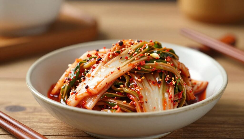 A close-up of a beautifully presented bowl of kimchi, showcasing the vibrant red and green colors of the fermented cabbage, spices, and garlic. The foreground features the kimchi in an elegant ceramic bowl with a glossy finish, emphasizing the textures and details of the ingredients. In the middle ground, include a wooden table surface, slightly rustic to contrast the bowl, with chopsticks resting beside it. The background is softly blurred, suggesting a cozy kitchen environment bathed in warm, natural light, creating a homey atmosphere. The image should convey freshness and the importance of visual appeal in food, while also subtly hinting at signs of kimchi that has lost its edibility, such as discoloration or unwanted texture changes. A close-up of a beautifully presented bowl of kimchi, showcasing the vibrant red and green colors of the fermented cabbage, spices, and garlic. The foreground features the kimchi in an elegant ceramic bowl with a glossy finish, emphasizing the textures and details of the ingredients. In the middle ground, include a wooden table surface, slightly rustic to contrast the bowl, with chopsticks resting beside it. The background is softly blurred, suggesting a cozy kitchen environment bathed in warm, natural light, creating a homey atmosphere. The image should convey freshness and the importance of visual appeal in food, while also subtly hinting at signs of kimchi that has lost its edibility, such as discoloration or unwanted texture changes.