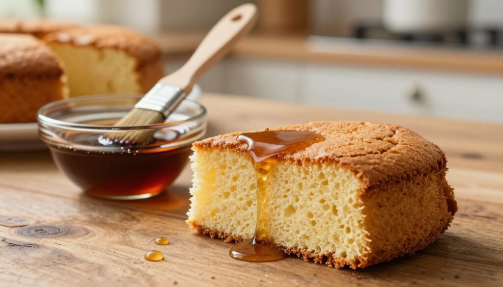A close-up shot of a deliciously layered sponge cake being soaked in a fragrant syrup. In the foreground, a golden-brown sponge cake slice, slightly moist, is resting on a rustic wooden tabletop, glistening with droplets of syrup. The middle ground captures a small glass bowl filled with a rich, dark syrup infused with vanilla and sugar, alongside a pastry brush soaking into the syrup. The background features a softly blurred kitchen setting, with warm, natural lighting streaming in, creating a cozy atmosphere. The mood is inviting and homely, reflecting the art of baking. The angle emphasizes the textures of the sponge cake and syrup, inspiring a sense of culinary delight.