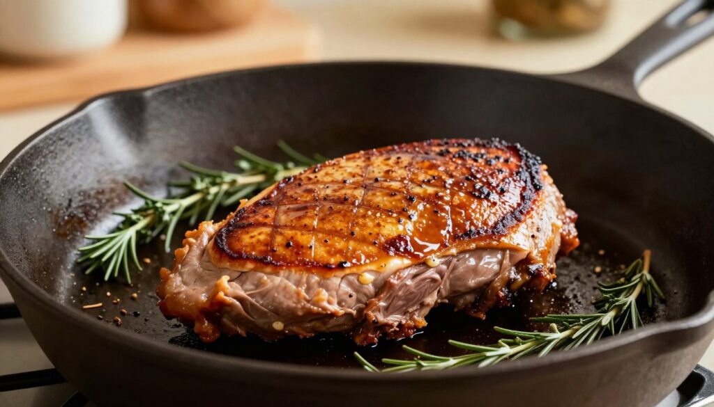A close-up shot of a perfectly seared duck breast on a skillet, showcasing its crispy golden-brown skin and juicy interior. The foreground features the polished cast iron skillet with the duck breast slightly tilted, displaying the delectable crispy skin glistening with rendered fat. In the middle ground, aromatic herbs like thyme and rosemary are sprinkled around the skillet, enhancing the culinary atmosphere. The background captures a tastefully set kitchen with warm, inviting lighting that highlights the textures of the duck and the cookware. The scene conveys a sense of coziness and gourmet preparation, ideal for a cooking tutorial on perfecting pan-seared duck breast. The image should be crisp and well-lit, with a shallow depth of field to focus on the duck. A close-up shot of a perfectly seared duck breast on a skillet, showcasing its crispy golden-brown skin and juicy interior. The foreground features the polished cast iron skillet with the duck breast slightly tilted, displaying the delectable crispy skin glistening with rendered fat. In the middle ground, aromatic herbs like thyme and rosemary are sprinkled around the skillet, enhancing the culinary atmosphere. The background captures a tastefully set kitchen with warm, inviting lighting that highlights the textures of the duck and the cookware. The scene conveys a sense of coziness and gourmet preparation, ideal for a cooking tutorial on perfecting pan-seared duck breast. The image should be crisp and well-lit, with a shallow depth of field to focus on the duck.