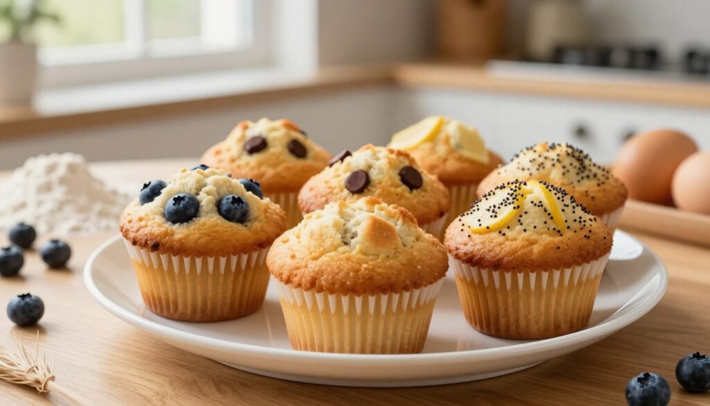 A close-up view of freshly baked, fluffy muffins arranged on a stylish white plate, showcasing a variety of flavors such as blueberry, chocolate chip, and lemon poppy seed. The muffins have a golden-brown crust, with a light and airy texture visible at the top. The background features a soft-focus kitchen ambiance with warm, natural light pouring in from a window, enhancing the inviting atmosphere. A few scattered ingredients like flour, eggs, and fresh berries adorn the wooden table, creating a homely, cozy vibe. The image is captured at a slight angle, highlighting the muffins' appealing details and making them the focal point. The scene conveys a sense of warmth and deliciousness, perfect for illustrating successful baking techniques.