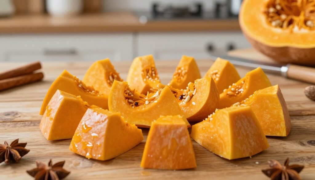 A close-up view of vibrant Hokkaido pumpkin chunks arranged artistically on a rustic wooden table, showcasing their deep orange hue and textures. Bright, natural lighting highlights the glistening surfaces of the pumpkin pieces, capturing their freshness and warmth. In the background, a cozy kitchen setting is softly blurred, with hints of baking utensils and seasonal spices like cinnamon and nutmeg, evoking a comforting, inviting atmosphere. The composition should reflect an autumn vibe, emphasizing the pumpkin's role in a delicious, aromatic bake. The scene is warm and homely, radiating a sense of preparation and culinary creativity, perfect for a step-by-step cooking guide on baking Hokkaido pumpkin. A close-up view of vibrant Hokkaido pumpkin chunks arranged artistically on a rustic wooden table, showcasing their deep orange hue and textures. Bright, natural lighting highlights the glistening surfaces of the pumpkin pieces, capturing their freshness and warmth. In the background, a cozy kitchen setting is softly blurred, with hints of baking utensils and seasonal spices like cinnamon and nutmeg, evoking a comforting, inviting atmosphere. The composition should reflect an autumn vibe, emphasizing the pumpkin's role in a delicious, aromatic bake. The scene is warm and homely, radiating a sense of preparation and culinary creativity, perfect for a step-by-step cooking guide on baking Hokkaido pumpkin.