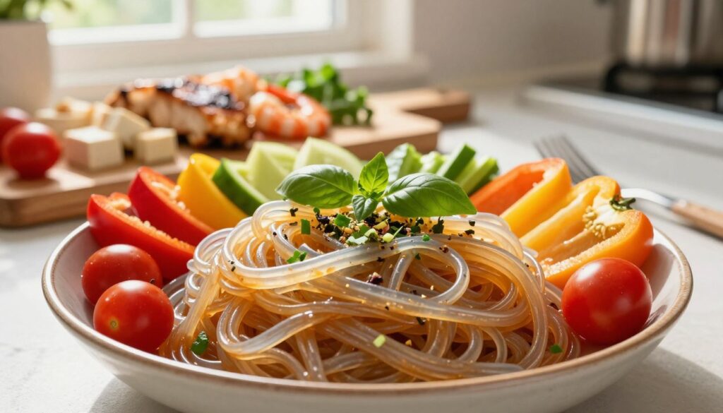 A delicious serving of konjac noodles artistically plated and garnished, placed in a vibrant, sunlit kitchen setting. In the foreground, the translucent, slightly glossy konjac noodles glisten on a beautifully crafted bowl surrounded by colorful fresh vegetables like bell peppers and cherry tomatoes, adding vibrancy. In the middle, sprinkle some aromatic herbs like basil and parsley for contrast. In the background, a wooden cutting board holds a variety of toppings, such as grilled chicken, tofu, or shrimp. Soft, warm light filters through a nearby window, creating a cozy atmosphere. The angle captures the dish from slightly above, inviting the viewer to envision a hearty and satisfying meal that is both nutritious and enjoyable. A delicious serving of konjac noodles artistically plated and garnished, placed in a vibrant, sunlit kitchen setting. In the foreground, the translucent, slightly glossy konjac noodles glisten on a beautifully crafted bowl surrounded by colorful fresh vegetables like bell peppers and cherry tomatoes, adding vibrancy. In the middle, sprinkle some aromatic herbs like basil and parsley for contrast. In the background, a wooden cutting board holds a variety of toppings, such as grilled chicken, tofu, or shrimp. Soft, warm light filters through a nearby window, creating a cozy atmosphere. The angle captures the dish from slightly above, inviting the viewer to envision a hearty and satisfying meal that is both nutritious and enjoyable.