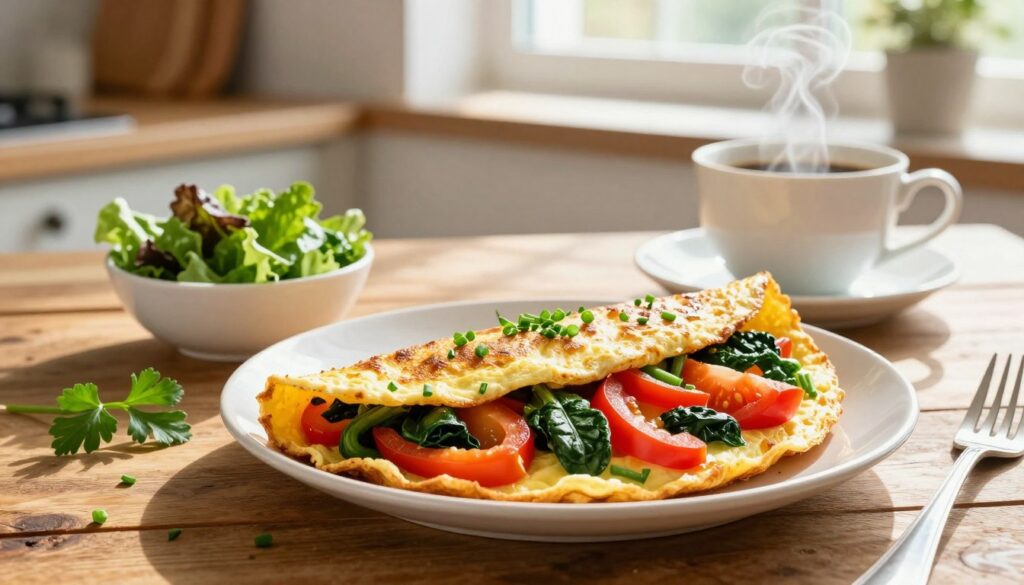 A delicious vegetable omelet displayed on a rustic wooden table, garnished with fresh herbs like parsley and chives. In the foreground, the omelet is fluffy and golden, filled with vibrant bell peppers, spinach, and tomatoes, showcasing its rich texture. To the side, a small bowl of mixed greens adds freshness, and a cup of steaming coffee complements the scene. The middle ground includes a softly lit breakfast setting with gentle morning sunlight streaming through a window, casting a warm glow over the table. In the background, subtle kitchen elements like a cutting board and a few cooking utensils hint at a cozy, inviting atmosphere. The overall mood is comforting and energizing, perfect for a hearty breakfast.