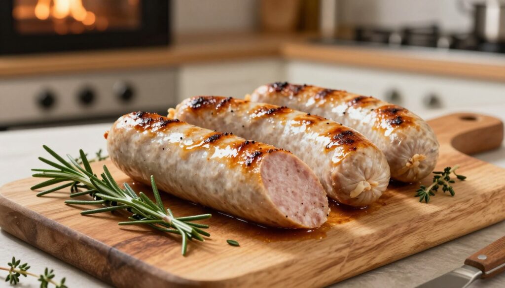 A perfectly roasted white sausage (pieczona biała kiełbasa) sits elegantly on a rustic wooden cutting board, its golden-brown skin glistening with juices, surrounded by fresh herbs like thyme and rosemary. The sausage's interior is visible, showcasing a juicy and flavorful texture. In the background, there is a cozy kitchen setting with a softly lit oven and various cooking utensils, enhancing the homely atmosphere. The lighting is warm and inviting, creating a mouthwatering feel. Capture the scene from a top-down angle to emphasize the sausage and its vibrant garnishes, evoking the delightful aroma of baked meats. The mood is warm and inviting, perfect for a heartwarming culinary experience.