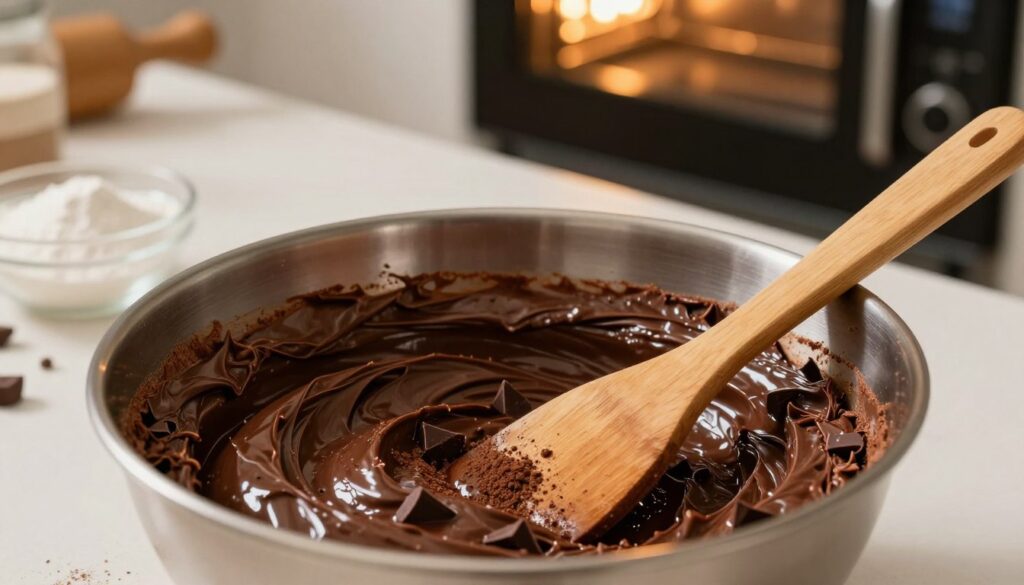 A rich, glossy chocolate batter in a large mixing bowl, with a wooden spatula resting inside. The batter is thick and shiny, showcasing its velvety texture, filled with chocolate chunks and a sprinkle of cocoa powder. The foreground features the close-up of the mixing bowl, emphasizing the creamy consistency of the batter. In the middle ground, a pristine kitchen countertop is adorned with scattered baking ingredients like flour and sugar, while a preheated oven is visible in the background, glowing warmly. Soft, golden lighting floods the scene, creating a warm and inviting atmosphere. The overall mood is one of comfort and indulgence, perfectly setting the stage for baking a moist, decadent cake.