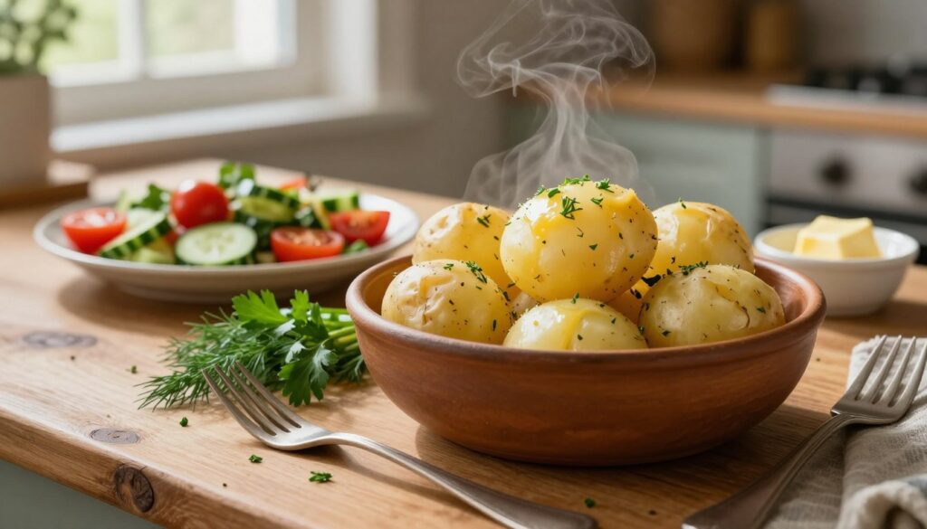 A rustic wooden kitchen table setting featuring a steaming bowl of freshly boiled potatoes, their skins slightly wrinkled, resting beside a sprinkling of fresh herbs like parsley and dill. In the foreground, include a fork poised to serve a potato, adding a touch of warmth and inviting presentation. The middle ground displays a selection of colorful accompaniments, such as a vibrant salad with cherry tomatoes, cucumbers, and a small dish of butter melting beside the potatoes. In the background, soft natural light filters through a nearby window, casting gentle shadows and creating a cozy atmosphere. The scene conveys a sense of comfort and homeliness, perfect for inspiring new ways to enjoy leftovers. A rustic wooden kitchen table setting featuring a steaming bowl of freshly boiled potatoes, their skins slightly wrinkled, resting beside a sprinkling of fresh herbs like parsley and dill. In the foreground, include a fork poised to serve a potato, adding a touch of warmth and inviting presentation. The middle ground displays a selection of colorful accompaniments, such as a vibrant salad with cherry tomatoes, cucumbers, and a small dish of butter melting beside the potatoes. In the background, soft natural light filters through a nearby window, casting gentle shadows and creating a cozy atmosphere. The scene conveys a sense of comfort and homeliness, perfect for inspiring new ways to enjoy leftovers.