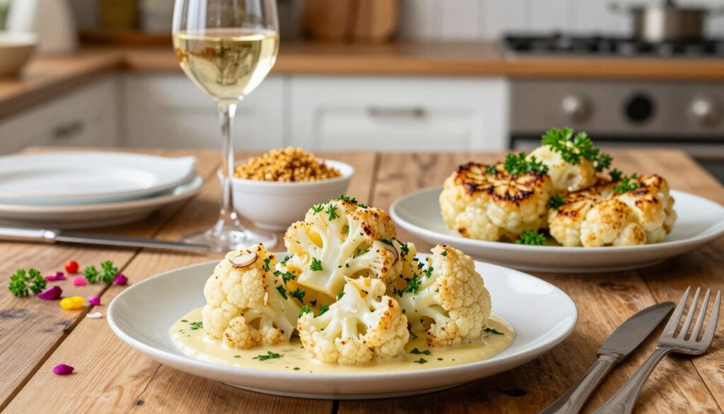 A vibrant and appetizing arrangement showcasing classic Polish cauliflower dishes in a modern twist. In the foreground, beautifully plated cauliflower florets, lightly sautéed with garlic and herbs, drizzled with a rich, creamy sauce. Beside it, a serving of roasted cauliflower steaks garnished with fresh parsley, and a bowl of spiced breadcrumbs. The middle ground features a rustic wooden table set with elegant dishware, complemented by a glass of white wine and delicate, colorful garnishes. The background presents a softly blurred kitchen setting with warm, inviting lighting, evoking a cozy atmosphere. The composition highlights textures and colors, capturing the essence of innovative and traditional Polish cuisine.