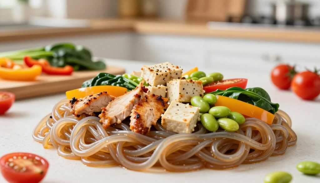 A vibrant and appetizing display of konjac noodles, topped with an array of protein-rich and vegetable-based ingredients. In the foreground, a generous serving of translucent konjac pasta is artfully arranged. Surrounding the pasta, include colorful and fresh toppings such as grilled chicken, tofu, edamame, and an assortment of vibrant vegetables like bell peppers, spinach, and cherry tomatoes. The middle ground features a wooden chopping board with additional ingredients scattered around, hinting at preparation. In the background, a softly blurred kitchen setting with natural lighting creates a warm and inviting atmosphere. Use a shallow depth of field to focus on the dish while keeping the background subtly out of focus, evoking a sense of homely comfort and healthfulness. A vibrant and appetizing display of konjac noodles, topped with an array of protein-rich and vegetable-based ingredients. In the foreground, a generous serving of translucent konjac pasta is artfully arranged. Surrounding the pasta, include colorful and fresh toppings such as grilled chicken, tofu, edamame, and an assortment of vibrant vegetables like bell peppers, spinach, and cherry tomatoes. The middle ground features a wooden chopping board with additional ingredients scattered around, hinting at preparation. In the background, a softly blurred kitchen setting with natural lighting creates a warm and inviting atmosphere. Use a shallow depth of field to focus on the dish while keeping the background subtly out of focus, evoking a sense of homely comfort and healthfulness.