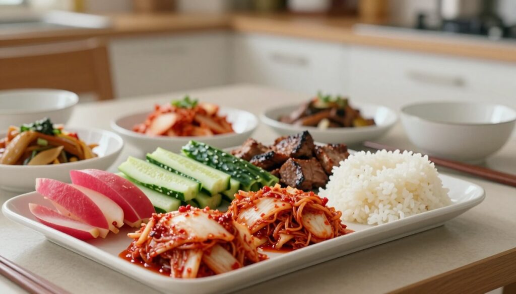 A vibrant, appetizing spread featuring kimchi alongside a variety of delicious pairings to showcase its versatility in everyday meals. In the foreground, a beautifully arranged platter of colorful kimchi is complemented by rice, grilled meat, and fresh vegetables like cucumber and radish. In the middle, a stylish table setting with traditional Korean dishes and elegant chopsticks creates an inviting atmosphere. The background features a soft-focus kitchen environment that hints at a warm home-cooked feel, illuminated with soft, natural lighting. The mood is lively and inviting, perfect for illustrating how to incorporate kimchi into daily meals. The composition is shot from a slightly elevated angle to present all elements clearly, highlighting the textures and colors of the food. A vibrant, appetizing spread featuring kimchi alongside a variety of delicious pairings to showcase its versatility in everyday meals. In the foreground, a beautifully arranged platter of colorful kimchi is complemented by rice, grilled meat, and fresh vegetables like cucumber and radish. In the middle, a stylish table setting with traditional Korean dishes and elegant chopsticks creates an inviting atmosphere. The background features a soft-focus kitchen environment that hints at a warm home-cooked feel, illuminated with soft, natural lighting. The mood is lively and inviting, perfect for illustrating how to incorporate kimchi into daily meals. The composition is shot from a slightly elevated angle to present all elements clearly, highlighting the textures and colors of the food.