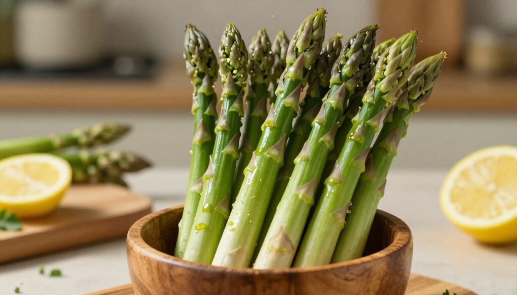 A vibrant bunch of green asparagus spears, freshly harvested, standing upright in a rustic wooden bowl. The asparagus is glistening with a light sheen of olive oil, showcasing their rich green hues and delicate tips. In the background, a blurred kitchen setting with soft, warm lighting creates an inviting atmosphere, hinting at a culinary space filled with earthy tones and natural textures. The light should cast gentle shadows, highlighting the curves and textures of each spear while emphasizing their freshness. A wooden cutting board with sliced lemons and herbs lightly scattered adds context, suggesting preparation. The focus is sharp on the asparagus, celebrating their natural beauty, freshness, and culinary potential, evoking a sense of warmth and comfort in home cooking.