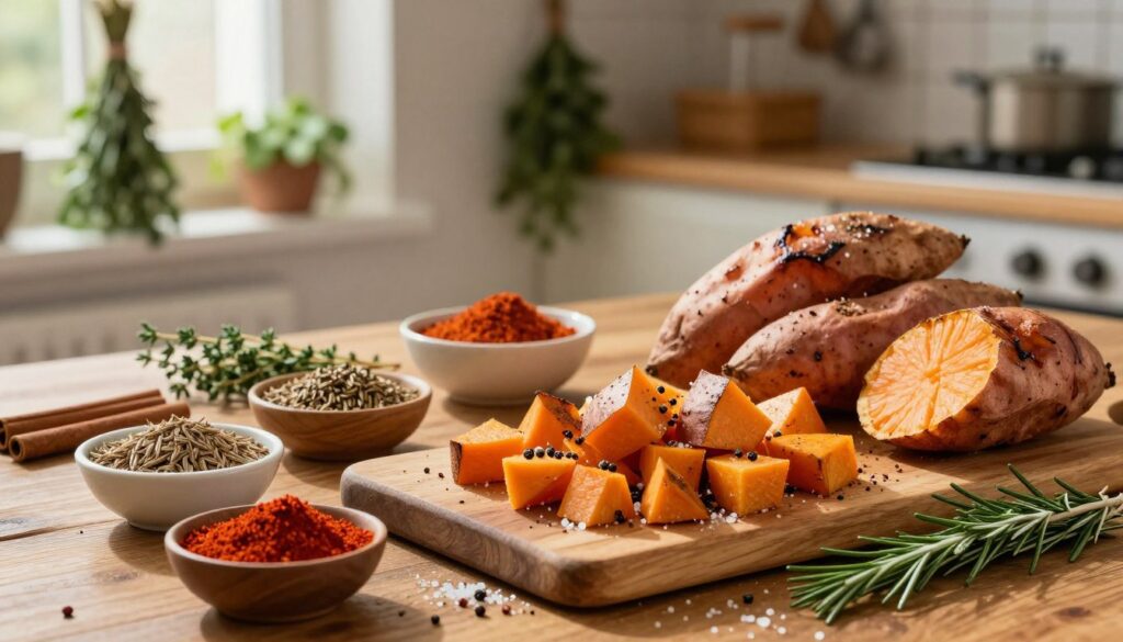 A vibrant composition showcasing an assortment of spices beautifully arranged around roasted sweet potatoes. In the foreground, highlight a wooden cutting board with diced batatas, sprinkled with salt and pepper. Surround the sweet potatoes with small bowls of vibrant spices such as paprika, cumin, cinnamon, and fresh herbs like thyme and rosemary. In the middle ground, include a rustic kitchen setting with a warm wooden table and light pouring in from a nearby window, casting soft shadows. The background features herbs hanging in small bundles, adding depth to the composition. The lighting is warm and inviting, creating a cozy atmosphere that emphasizes the rich flavors of the spices, inviting the viewer to imagine the delightful meal they could create.