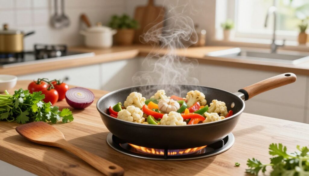 A vibrant kitchen scene showcasing a skillet filled with sautéed cauliflower, garlic, and colorful bell peppers, exuding a delightful aroma. In the foreground, a beautifully textured wooden countertop holds a wooden spatula and fresh herbs like parsley or cilantro for garnish. The skillet is placed over a flame, with soft steam billowing, creating a sense of warmth and inviting coziness. The middle ground features an array of fresh ingredients including cherry tomatoes and sliced onions, artfully arranged. The background reveals a softly lit kitchen with pots hanging and a window allowing natural light to spill in, casting gentle shadows. The atmosphere is lively and homely, evoking a sense of everyday cooking joy. Use a slightly elevated angle for a dynamic perspective, enhancing the visual appeal of the dish.