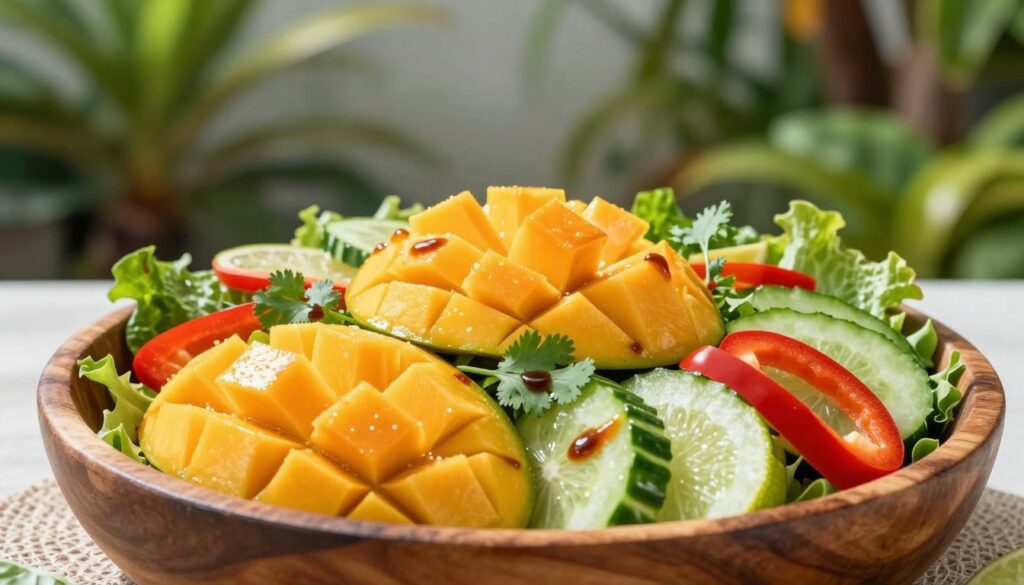 A vibrant, visually enticing salad featuring fresh, juicy mango slices as the star ingredient, surrounded by a colorful array of vegetables such as red bell peppers, cucumbers, and leafy greens. The salad is elegantly arranged in a rustic wooden bowl, with a light drizzle of balsamic dressing adding sheen. In the foreground, the mango is sliced into perfect wedges, showcasing its bright orange color and smooth texture. The middle layer includes scattered sprigs of cilantro and slices of lime for a fresh burst of color. The background softly fades into a blurred tropical garden setting, enhancing the exotic vibe. Bright, natural lighting casts soft shadows, giving a warm and inviting feel to the composition, ideal for showcasing this unique culinary inspiration. The image captures a spirit of freshness and creativity, inviting the viewer to explore savory mango pairings. A vibrant, visually enticing salad featuring fresh, juicy mango slices as the star ingredient, surrounded by a colorful array of vegetables such as red bell peppers, cucumbers, and leafy greens. The salad is elegantly arranged in a rustic wooden bowl, with a light drizzle of balsamic dressing adding sheen. In the foreground, the mango is sliced into perfect wedges, showcasing its bright orange color and smooth texture. The middle layer includes scattered sprigs of cilantro and slices of lime for a fresh burst of color. The background softly fades into a blurred tropical garden setting, enhancing the exotic vibe. Bright, natural lighting casts soft shadows, giving a warm and inviting feel to the composition, ideal for showcasing this unique culinary inspiration. The image captures a spirit of freshness and creativity, inviting the viewer to explore savory mango pairings.