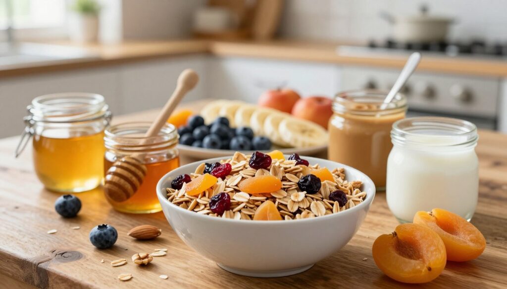 A visually enticing arrangement of nutritious muesli ingredients on a rustic wooden table. In the foreground, a bowl filled with colorful muesli featuring oats, nuts, and dried fruits like cranberries and apricots. Surrounding the bowl, individual small jars with honey, almond butter, and yogurt to emphasize healthy toppings. The middle ground showcases fresh fruits like banana slices and blueberries arranged artfully beside the bowl, reflecting vibrant colors. In the background, a soft-focus kitchen setting with warm, natural light streaming through a window, creating a cozy atmosphere. The scene conveys a healthy, wholesome breakfast experience that highlights the energy and nourishment of muesli. Shot from a slight overhead angle, focusing on the textures and details of each ingredient. A visually enticing arrangement of nutritious muesli ingredients on a rustic wooden table. In the foreground, a bowl filled with colorful muesli featuring oats, nuts, and dried fruits like cranberries and apricots. Surrounding the bowl, individual small jars with honey, almond butter, and yogurt to emphasize healthy toppings. The middle ground showcases fresh fruits like banana slices and blueberries arranged artfully beside the bowl, reflecting vibrant colors. In the background, a soft-focus kitchen setting with warm, natural light streaming through a window, creating a cozy atmosphere. The scene conveys a healthy, wholesome breakfast experience that highlights the energy and nourishment of muesli. Shot from a slight overhead angle, focusing on the textures and details of each ingredient.