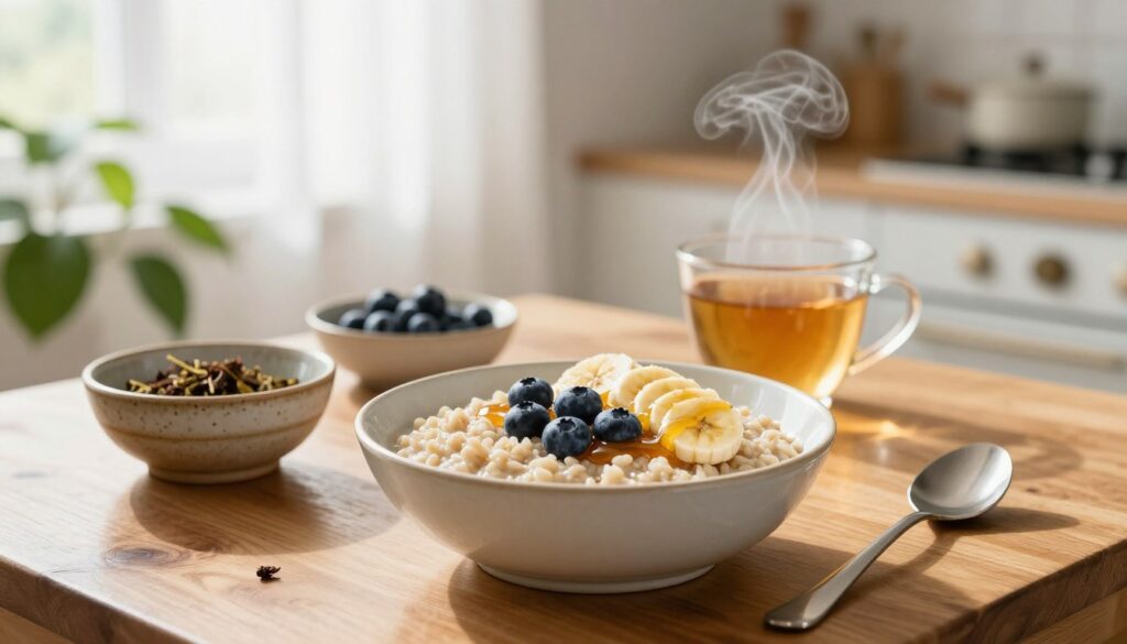 A warm and inviting breakfast scene featuring a bowl of fluffy millet porridge topped with fresh fruits like blueberries, sliced bananas, and a drizzle of honey. The foreground includes a glossy wooden table with rustic ceramic bowls and a vibrant green plant. In the middle background, a soft focus of a sunlit kitchen with bright white walls and gentle morning light filtering through sheer curtains, creating a cozy atmosphere. A steaming cup of herbal tea sits beside the bowl, with delicate steam rising. The setting should evoke warmth, nourishment, and a sense of a healthy morning ritual, captured in a slightly overhead angle to give a clear view of the delicious breakfast spread, with soft natural lighting emphasizing the freshness of the ingredients. A warm and inviting breakfast scene featuring a bowl of fluffy millet porridge topped with fresh fruits like blueberries, sliced bananas, and a drizzle of honey. The foreground includes a glossy wooden table with rustic ceramic bowls and a vibrant green plant. In the middle background, a soft focus of a sunlit kitchen with bright white walls and gentle morning light filtering through sheer curtains, creating a cozy atmosphere. A steaming cup of herbal tea sits beside the bowl, with delicate steam rising. The setting should evoke warmth, nourishment, and a sense of a healthy morning ritual, captured in a slightly overhead angle to give a clear view of the delicious breakfast spread, with soft natural lighting emphasizing the freshness of the ingredients.