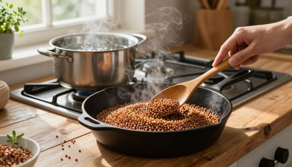 A warm and inviting kitchen scene featuring a rustic wooden table with a cast iron pan on a stovetop, where raw buckwheat groats are being lightly roasted until golden brown. The foreground shows the buckwheat being stirred with a wooden spoon, releasing a toasty aroma. In the middle background, a pot of boiling water waits for the groats, and sunlight streams through a window, casting soft, natural light over the scene. The kitchen is decorated with fresh herbs and kitchen utensils, creating a cozy, homely atmosphere. The focus is on the process of roasting buckwheat, symbolizing the importance of preparation in enhancing flavors, while maintaining a sense of warmth and comfort in the culinary experience. A warm and inviting kitchen scene featuring a rustic wooden table with a cast iron pan on a stovetop, where raw buckwheat groats are being lightly roasted until golden brown. The foreground shows the buckwheat being stirred with a wooden spoon, releasing a toasty aroma. In the middle background, a pot of boiling water waits for the groats, and sunlight streams through a window, casting soft, natural light over the scene. The kitchen is decorated with fresh herbs and kitchen utensils, creating a cozy, homely atmosphere. The focus is on the process of roasting buckwheat, symbolizing the importance of preparation in enhancing flavors, while maintaining a sense of warmth and comfort in the culinary experience.