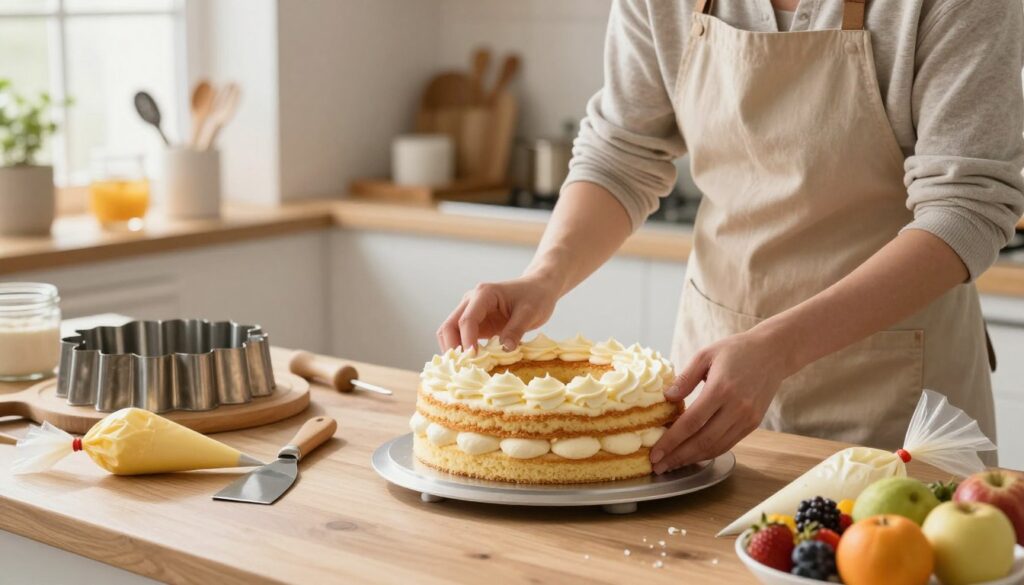 A well-composed kitchen scene featuring a baker assembling a cake in a ring mold. The foreground shows the baker, dressed in a professional apron and modest casual clothing, carefully layering sponge cake and creamy frosting. In the middle, a round cake mold filled with alternating layers of delicate pastry and vibrant cream, with various cake decorating tools scattered around—like a spatula, piping bags, and fresh fruits for garnish. The background reveals a bright, sunlit kitchen with shelves stocked with baking ingredients and utensils, creating a cozy, warm atmosphere. Soft, diffused lighting highlights the textures of the cake and the ingredients, enhancing the inviting mood of the scene.