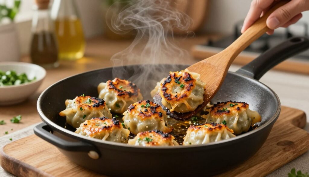 Crispy kopytka frying in a skillet, golden brown and perfectly charred to accentuate their texture. The foreground showcases the kopytka, with steam rising gently, highlighting their warmth and freshness. In the middle ground, a wooden spatula turns the kopytka, emphasizing the cooking process, while a sprinkle of fresh herbs like parsley adds color and vibrancy. The background features a cozy kitchen setting with soft, warm lighting that evokes a homely atmosphere, a rustic wooden countertop, and cooking utensils neatly arranged. The scene captures the essence of comfort food with an inviting and appetizing mood, encouraging the viewer to think of enjoying these delightful dumplings.