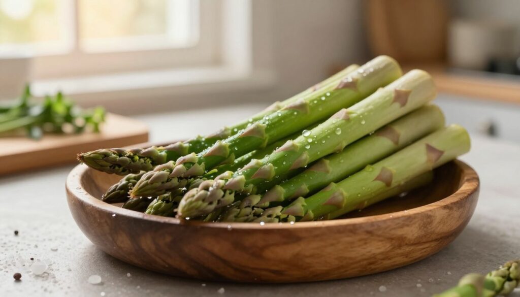 Fresh green asparagus spears arranged elegantly in a rustic wooden bowl, showcasing their vibrant color and natural sheen. In the foreground, delicate droplets of water on the spears suggest freshness, while a sprinkle of coarse sea salt lies nearby, hinting at seasoning. In the middle ground, a soft focus reveals a background of light kitchen elements, like a wooden cutting board and a small bunch of herbs, enhancing the culinary theme. The overall lighting is warm and inviting, mimicking the glow of late afternoon sun filtering through a kitchen window. The atmosphere is one of simplicity and wholesome cooking, evoking a sense of freshness and flavor, perfect for an article about enjoying asparagus.