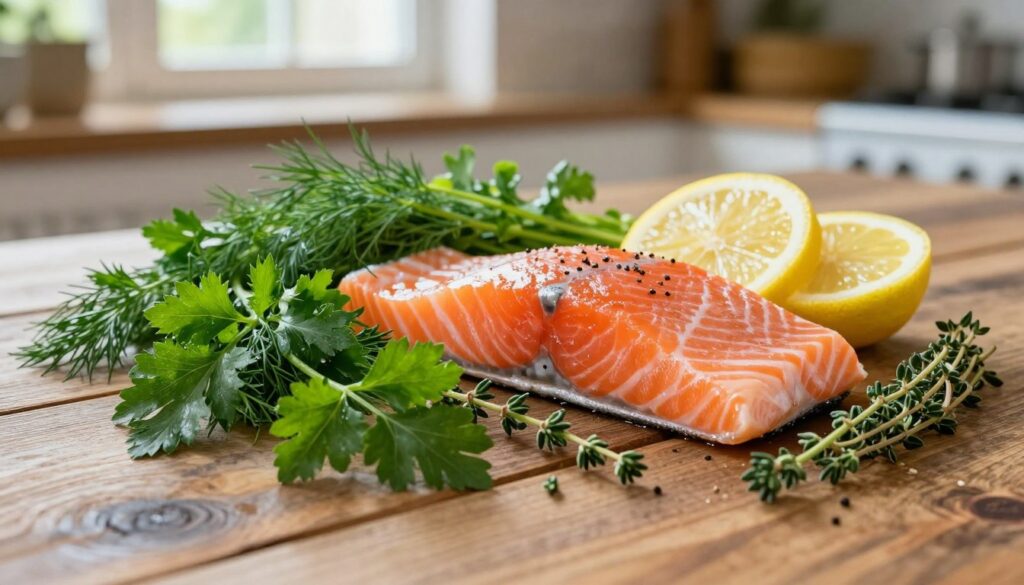 A beautiful arrangement of fresh herbs for salmon on a rustic wooden table. In the foreground, a vibrant selection of dill, parsley, and thyme, with sprigs delicately scattered around. The middle ground features a sleek, filleted salmon piece, glistening with natural oils, garnished with lemon slices for a pop of color. The background softly blurred reveals a hint of a rustic kitchen with natural light streaming in through a window, casting a warm glow on the scene. The atmosphere is inviting and fresh, evoking a sense of culinary artistry. The image should capture the essence of cooking with herbs, emphasizing the delicate flavors that complement salmon, with a focus on vivid colors and textures. A beautiful arrangement of fresh herbs for salmon on a rustic wooden table. In the foreground, a vibrant selection of dill, parsley, and thyme, with sprigs delicately scattered around. The middle ground features a sleek, filleted salmon piece, glistening with natural oils, garnished with lemon slices for a pop of color. The background softly blurred reveals a hint of a rustic kitchen with natural light streaming in through a window, casting a warm glow on the scene. The atmosphere is inviting and fresh, evoking a sense of culinary artistry. The image should capture the essence of cooking with herbs, emphasizing the delicate flavors that complement salmon, with a focus on vivid colors and textures.