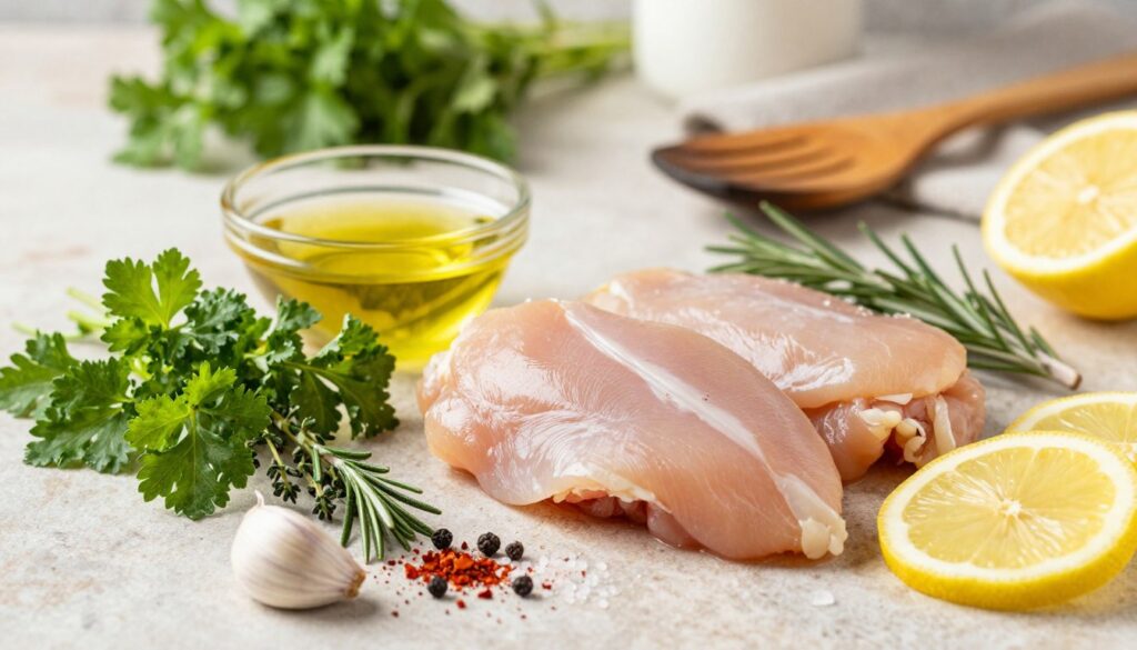 A beautiful arrangement of key ingredients for a marinade suitable for chicken fillets. In the foreground, there are fresh herbs like parsley, rosemary, and thyme, finely chopped, with whole garlic cloves and slices of lemon. The middle ground features a small bowl with olive oil, vinegar, and a scattering of spices like paprika, black pepper, and sea salt. The background is softly blurred, showcasing a rustic kitchen countertop with wooden utensils and a hint of greenery from potted herbs, creating a warm, inviting atmosphere. The lighting is bright and natural, mimicking afternoon sunlight, emphasizing the vibrant colors of the ingredients and creating a fresh, appetizing mood. A beautiful arrangement of key ingredients for a marinade suitable for chicken fillets. In the foreground, there are fresh herbs like parsley, rosemary, and thyme, finely chopped, with whole garlic cloves and slices of lemon. The middle ground features a small bowl with olive oil, vinegar, and a scattering of spices like paprika, black pepper, and sea salt. The background is softly blurred, showcasing a rustic kitchen countertop with wooden utensils and a hint of greenery from potted herbs, creating a warm, inviting atmosphere. The lighting is bright and natural, mimicking afternoon sunlight, emphasizing the vibrant colors of the ingredients and creating a fresh, appetizing mood.