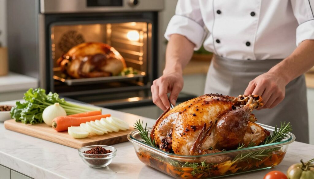 A beautiful kitchen scene showcasing various techniques for preparing and roasting turkey. In the foreground, a seasoned turkey breast marinating in a glass dish surrounded by fresh herbs like rosemary and thyme, along with a small bowl of spices. In the middle, a cutting board with sliced vegetables—carrots and onions—ready to accompany the turkey, and a chef in a modest casual outfit diligently preparing the meal, their focus evident. In the background, an oven with soft golden lighting illuminating a turkey roasting, filling the air with warmth and inviting aromas. The atmosphere is cozy and festive, evoking a sense of culinary artistry and home cooking. The shot is well-composed with a shallow depth of field, emphasizing the foreground details while softly blurring the background elements.