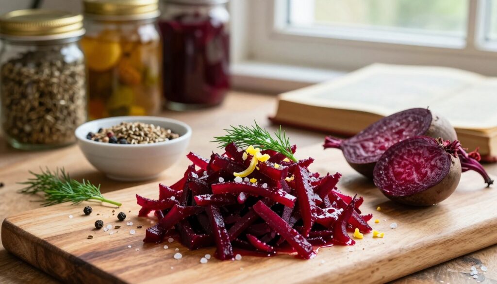 A beautiful, rustic kitchen setting with a wooden table in the foreground, showcasing freshly prepared grated beets, glistening with a light vinaigrette. The beets are garnished with delicate sprigs of dill, a sprinkle of salt, and a hint of lemon zest to enhance their natural sweetness. In the middle, a small bowl displays various spices like caraway seeds, black pepper, and a dash of honey, representing elements to elevate the flavor. Soft, natural light filters through a nearby window, casting a warm glow over the ingredients. In the background, blurred jars of pickling spices and a vintage cookbook create a comforting, inviting atmosphere, highlighting the theme of enhancing the sweetness of beets in a cozy culinary ambiance. A beautiful, rustic kitchen setting with a wooden table in the foreground, showcasing freshly prepared grated beets, glistening with a light vinaigrette. The beets are garnished with delicate sprigs of dill, a sprinkle of salt, and a hint of lemon zest to enhance their natural sweetness. In the middle, a small bowl displays various spices like caraway seeds, black pepper, and a dash of honey, representing elements to elevate the flavor. Soft, natural light filters through a nearby window, casting a warm glow over the ingredients. In the background, blurred jars of pickling spices and a vintage cookbook create a comforting, inviting atmosphere, highlighting the theme of enhancing the sweetness of beets in a cozy culinary ambiance.
