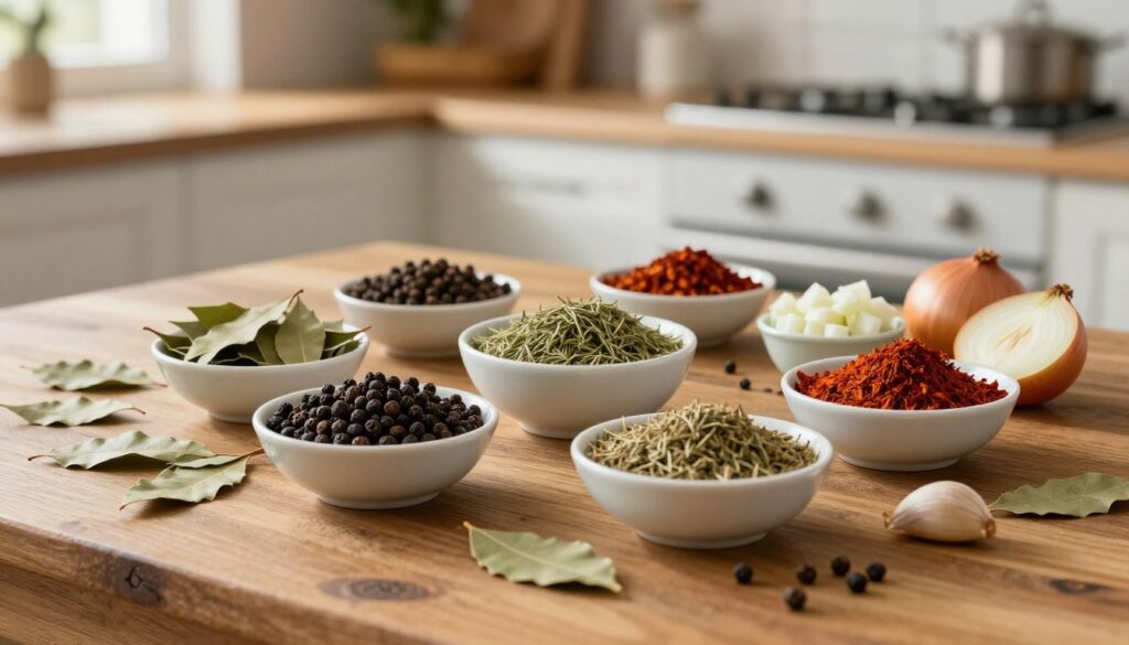 A beautiful, rustic wooden table set against a softly blurred kitchen background. In the foreground, an array of traditional spices used for bigos: bay leaves, allspice, black peppercorns, dried marjoram, and smoked paprika, arranged in small, elegant bowls. A few fresh ingredients like diced onions and garlic cloves artfully scattered around. Warm, natural lighting streaming in from a nearby window highlights the textures and colors of the spices, creating a cozy atmosphere. The image should evoke a sense of homeliness and culinary tradition, inviting the viewer to explore these rich, flavorful ingredients that enhance the essence of bigos. The angle should be slightly overhead to capture the full range of spices and their vibrant details. A beautiful, rustic wooden table set against a softly blurred kitchen background. In the foreground, an array of traditional spices used for bigos: bay leaves, allspice, black peppercorns, dried marjoram, and smoked paprika, arranged in small, elegant bowls. A few fresh ingredients like diced onions and garlic cloves artfully scattered around. Warm, natural lighting streaming in from a nearby window highlights the textures and colors of the spices, creating a cozy atmosphere. The image should evoke a sense of homeliness and culinary tradition, inviting the viewer to explore these rich, flavorful ingredients that enhance the essence of bigos. The angle should be slightly overhead to capture the full range of spices and their vibrant details.