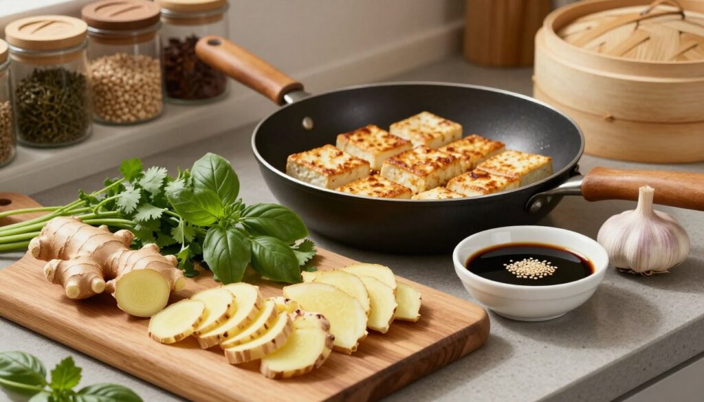 A beautifully arranged Asian-inspired kitchen scene featuring a variety of vibrant ingredients ideal for marinating tofu. In the foreground, a wooden cutting board displays neatly chopped ginger, garlic, and fresh herbs like cilantro and basil. A small bowl of soy sauce and a sprinkle of sesame seeds add to the visual appeal. The middle ground showcases a skillet sizzling with golden-brown tofu pieces, perfectly crisped on the outside. In the background, traditional Asian kitchen elements, such as hanging spice jars and bamboo steamers, create an inviting atmosphere. Soft, warm lighting accentuates the textures of the ingredients and the deliciousness of the cooking process. The angle captures the scene from slightly above, inviting the viewer into this culinary inspiration. A beautifully arranged Asian-inspired kitchen scene featuring a variety of vibrant ingredients ideal for marinating tofu. In the foreground, a wooden cutting board displays neatly chopped ginger, garlic, and fresh herbs like cilantro and basil. A small bowl of soy sauce and a sprinkle of sesame seeds add to the visual appeal. The middle ground showcases a skillet sizzling with golden-brown tofu pieces, perfectly crisped on the outside. In the background, traditional Asian kitchen elements, such as hanging spice jars and bamboo steamers, create an inviting atmosphere. Soft, warm lighting accentuates the textures of the ingredients and the deliciousness of the cooking process. The angle captures the scene from slightly above, inviting the viewer into this culinary inspiration.
