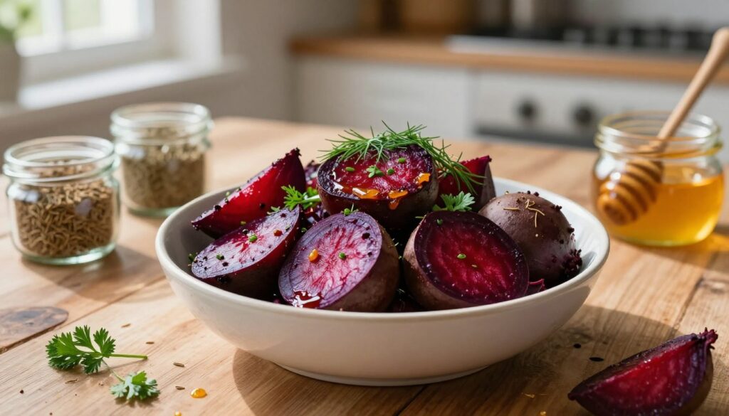 A beautifully arranged bowl of roasted beets garnished with fresh herbs, such as dill and parsley, placed on a rustic wooden table. The beets are vibrant in color, showcasing deep reds and purples, with a touch of caramelization on the edges. Surrounding the bowl are small glass jars filled with various spices – cumin, caraway, and a drizzle of honey – capturing a rich, inviting atmosphere. Soft, natural light filters in from a nearby window, casting gentle shadows and highlighting the natural textures of the beets and the wooden surface. The background features blurred kitchen elements, creating a cozy and warm ambiance, perfect for culinary inspiration. A beautifully arranged bowl of roasted beets garnished with fresh herbs, such as dill and parsley, placed on a rustic wooden table. The beets are vibrant in color, showcasing deep reds and purples, with a touch of caramelization on the edges. Surrounding the bowl are small glass jars filled with various spices – cumin, caraway, and a drizzle of honey – capturing a rich, inviting atmosphere. Soft, natural light filters in from a nearby window, casting gentle shadows and highlighting the natural textures of the beets and the wooden surface. The background features blurred kitchen elements, creating a cozy and warm ambiance, perfect for culinary inspiration.