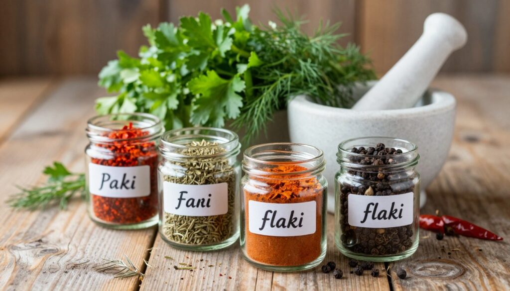 A beautifully arranged collection of spices and herbs essential for seasoning flaki (tripe soup). In the foreground, display small glass jars filled with colorful spices like paprika, marjoram, and black pepper, each labeled elegantly. The middle ground should feature a mortar and pestle with fresh herbs like parsley and dill, emphasizing their vibrant green colors. The background should be a rustic wooden table, softly lit by warm, natural light, creating an inviting atmosphere. The scene should evoke a sense of tradition and culinary depth, focusing on the essential ingredients that add a spicy and aromatic flavor to flaki. Use a shallow depth of field to draw attention to the foreground elements while softly blurring the background. A beautifully arranged collection of spices and herbs essential for seasoning flaki (tripe soup). In the foreground, display small glass jars filled with colorful spices like paprika, marjoram, and black pepper, each labeled elegantly. The middle ground should feature a mortar and pestle with fresh herbs like parsley and dill, emphasizing their vibrant green colors. The background should be a rustic wooden table, softly lit by warm, natural light, creating an inviting atmosphere. The scene should evoke a sense of tradition and culinary depth, focusing on the essential ingredients that add a spicy and aromatic flavor to flaki. Use a shallow depth of field to draw attention to the foreground elements while softly blurring the background.