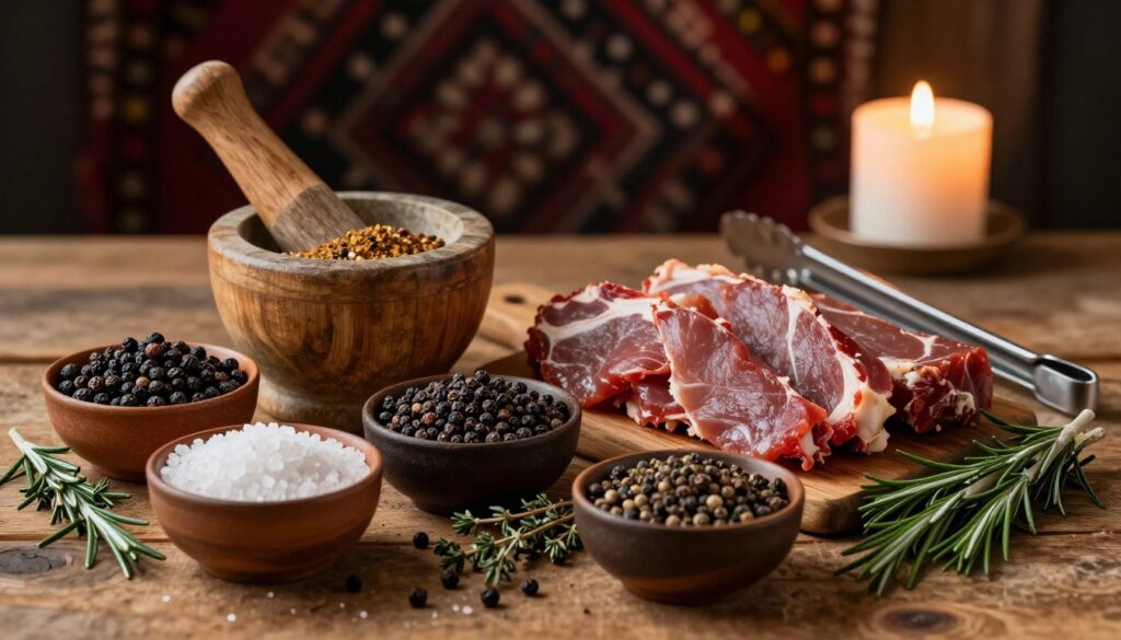 A beautifully arranged collection of spices and herbs specifically for game meat, set on a rustic wooden table. In the foreground, there are bowls filled with coarse sea salt, cracked black pepper, juniper berries, dried thyme, and rosemary sprigs. In the middle, a mortar and pestle with freshly ground spices, and a pair of tongs displaying pieces of marinated wild game meat. The background features softly blurred elements like a dark, rich tapestry and flickering candlelight, creating a warm and inviting atmosphere. The lighting is soft and warm, emphasizing the earthy tones of the ingredients. The composition conveys a sense of tradition and culinary expertise, perfect for a gourmet wild game experience. A beautifully arranged collection of spices and herbs specifically for game meat, set on a rustic wooden table. In the foreground, there are bowls filled with coarse sea salt, cracked black pepper, juniper berries, dried thyme, and rosemary sprigs. In the middle, a mortar and pestle with freshly ground spices, and a pair of tongs displaying pieces of marinated wild game meat. The background features softly blurred elements like a dark, rich tapestry and flickering candlelight, creating a warm and inviting atmosphere. The lighting is soft and warm, emphasizing the earthy tones of the ingredients. The composition conveys a sense of tradition and culinary expertise, perfect for a gourmet wild game experience.