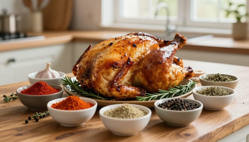 A beautifully arranged collection of spices specifically for roasting chicken, displayed on a rustic wooden kitchen countertop. In the foreground, there are small bowls filled with vibrant spices such as paprika, garlic powder, freshly cracked black pepper, and dried herbs like thyme and rosemary. In the middle, a perfectly roasted chicken sits glistening with golden-brown skin, surrounded by sprigs of fresh herbs. In the background, soft natural light filters through a kitchen window, creating a warm and inviting atmosphere, with some kitchen utensils softly blurred to add depth. The scene conveys a sense of comfort and delicious aromas, focusing on the essential spices that enhance the flavor of roasted chicken. A beautifully arranged collection of spices specifically for roasting chicken, displayed on a rustic wooden kitchen countertop. In the foreground, there are small bowls filled with vibrant spices such as paprika, garlic powder, freshly cracked black pepper, and dried herbs like thyme and rosemary. In the middle, a perfectly roasted chicken sits glistening with golden-brown skin, surrounded by sprigs of fresh herbs. In the background, soft natural light filters through a kitchen window, creating a warm and inviting atmosphere, with some kitchen utensils softly blurred to add depth. The scene conveys a sense of comfort and delicious aromas, focusing on the essential spices that enhance the flavor of roasted chicken.