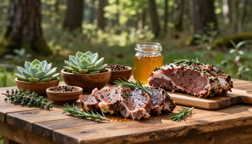 A beautifully arranged composition featuring a rustic wooden table set in a serene forest clearing. In the foreground, a variety of succulent game meats, such as venison and wild boar, marinated in a rich, aromatic herbal concoction, glisten with moisture, surrounded by fresh herbs like rosemary and thyme. In the middle ground, wooden bowls filled with spices and natural ingredients emphasize the rustic theme, while a jar of honey adds a touch of sweetness. Soft, dappled sunlight filters through the trees, casting gentle shadows that create a warm and inviting atmosphere. The background features lush greenery and hints of distant trees, enhancing the feeling of being immersed in nature. The composition should evoke a sense of earthy richness, showcasing the essence of wild game cuisine. A beautifully arranged composition featuring a rustic wooden table set in a serene forest clearing. In the foreground, a variety of succulent game meats, such as venison and wild boar, marinated in a rich, aromatic herbal concoction, glisten with moisture, surrounded by fresh herbs like rosemary and thyme. In the middle ground, wooden bowls filled with spices and natural ingredients emphasize the rustic theme, while a jar of honey adds a touch of sweetness. Soft, dappled sunlight filters through the trees, casting gentle shadows that create a warm and inviting atmosphere. The background features lush greenery and hints of distant trees, enhancing the feeling of being immersed in nature. The composition should evoke a sense of earthy richness, showcasing the essence of wild game cuisine.