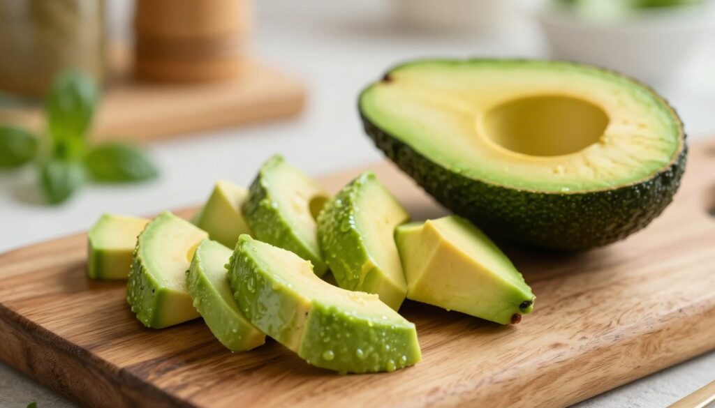 A beautifully arranged composition featuring several pieces of diced avocados placed on a rustic wooden cutting board. The avocados should be bright green, freshly cut, with a glossy texture indicating ripeness. In the background, a soft-focus kitchen setting with warm, natural lighting creates a cozy atmosphere, showcasing hints of fresh herbs and kitchen utensils. The lighting should be soft and inviting, with gentle shadows enhancing the depth of the scene. A close-up perspective captures the details of the avocado pieces and their smooth, creamy texture, evoking a sense of freshness and culinary delight. This image should radiate a wholesome, inviting vibe, perfect for a food-related exploration of avocado preservation methods. A beautifully arranged composition featuring several pieces of diced avocados placed on a rustic wooden cutting board. The avocados should be bright green, freshly cut, with a glossy texture indicating ripeness. In the background, a soft-focus kitchen setting with warm, natural lighting creates a cozy atmosphere, showcasing hints of fresh herbs and kitchen utensils. The lighting should be soft and inviting, with gentle shadows enhancing the depth of the scene. A close-up perspective captures the details of the avocado pieces and their smooth, creamy texture, evoking a sense of freshness and culinary delight. This image should radiate a wholesome, inviting vibe, perfect for a food-related exploration of avocado preservation methods.