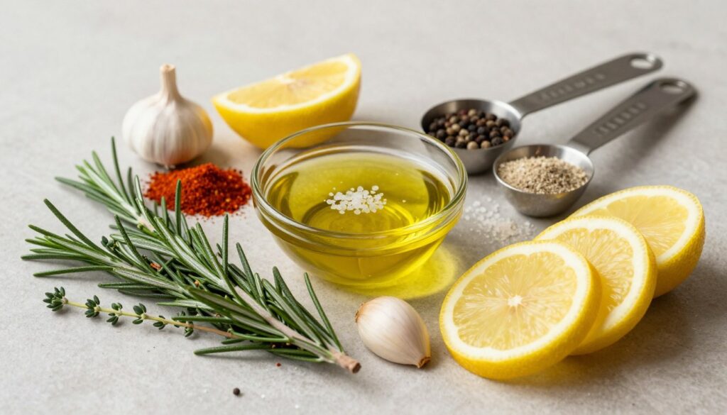 A beautifully arranged composition of key ingredients for a homemade turkey marinade, set against a soft, neutral background. In the foreground, vibrant, fresh herbs like rosemary and thyme, alongside garlic cloves and slices of lemon, create a colorful and aromatic display. In the middle ground, a small bowl filled with olive oil and a sprinkle of sea salt sits beside a measuring spoon with various spices like paprika, black pepper, and cumin. The lighting is warm and inviting, highlighting the textures of the ingredients and casting gentle shadows. The scene conveys a cozy, home-cooking atmosphere, ideal for showcasing the essentials of a flavorful turkey marinade. The angle is slightly elevated, capturing the arrangement from above for a clear overview of all components without any human presence. A beautifully arranged composition of key ingredients for a homemade turkey marinade, set against a soft, neutral background. In the foreground, vibrant, fresh herbs like rosemary and thyme, alongside garlic cloves and slices of lemon, create a colorful and aromatic display. In the middle ground, a small bowl filled with olive oil and a sprinkle of sea salt sits beside a measuring spoon with various spices like paprika, black pepper, and cumin. The lighting is warm and inviting, highlighting the textures of the ingredients and casting gentle shadows. The scene conveys a cozy, home-cooking atmosphere, ideal for showcasing the essentials of a flavorful turkey marinade. The angle is slightly elevated, capturing the arrangement from above for a clear overview of all components without any human presence.