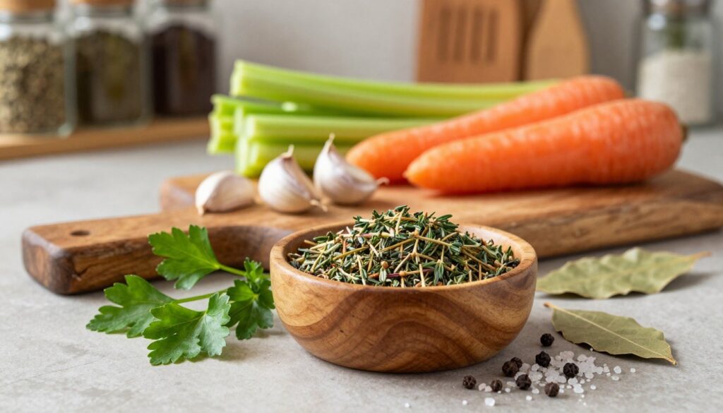 A beautifully arranged composition of spices used for krupnik, highlighting dried herbs such as thyme, dill, and bay leaves, alongside whole peppercorns and coarse sea salt. The foreground features an elegant wooden bowl filled with a colorful mixture of these spices, with a handful of fresh parsley sprigs casually placed beside it. In the middle, a rustic cutting board showcases a few garlic cloves and root vegetables like carrots and celery, cut in preparation for the soup. The background softly fades into a warm kitchen setting, with shelves of spices and wooden utensils visible. Gentle, natural lighting illuminates the scene, casting soft shadows and enhancing the earthy tones, creating a cozy, inviting atmosphere perfect for illustrating the rich flavors of homemade krupnik. A beautifully arranged composition of spices used for krupnik, highlighting dried herbs such as thyme, dill, and bay leaves, alongside whole peppercorns and coarse sea salt. The foreground features an elegant wooden bowl filled with a colorful mixture of these spices, with a handful of fresh parsley sprigs casually placed beside it. In the middle, a rustic cutting board showcases a few garlic cloves and root vegetables like carrots and celery, cut in preparation for the soup. The background softly fades into a warm kitchen setting, with shelves of spices and wooden utensils visible. Gentle, natural lighting illuminates the scene, casting soft shadows and enhancing the earthy tones, creating a cozy, inviting atmosphere perfect for illustrating the rich flavors of homemade krupnik.