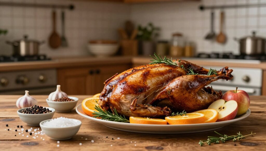 A beautifully arranged culinary scene depicting a seasoned goose on a rustic wooden table. In the foreground, a golden-brown roast goose garnished with fresh herbs like rosemary and thyme, along with slices of juicy oranges and apples, is beautifully displayed. In the middle, an assortment of colorful spices – such as garlic, peppercorns, and sea salt – neatly arranged in small bowls, showcasing the depth of flavor used for seasoning. The background features a softly lit kitchen ambiance with subtle warm lighting, highlighting wooden cabinets and utensils hanging on the walls. The atmosphere is inviting and festive, evoking the spirit of holiday cooking, with gentle shadows and a soft focus to enhance the overall warmth and coziness of the scene.