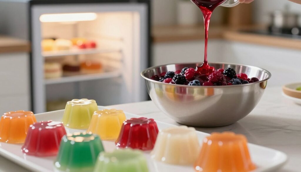 A beautifully arranged dessert scene showcasing a variety of desserts just before freezing. In the foreground, there’s a close-up of colorful gelatin desserts in different shapes, glistening with a slight sheen. In the middle, a pristine stainless steel bowl filled with a vibrant berry compote awaits to be poured over the gelatin. The background features a modern kitchen with soft, warm lighting, highlighting a freezer door slightly ajar, hinting at the cooling process. The mood is inviting and fresh, suggesting a sense of anticipation and experimentation. The image should have a shallow depth of field, focusing on the desserts while softly blurring the kitchen elements in the background, creating an engaging and dynamic composition.