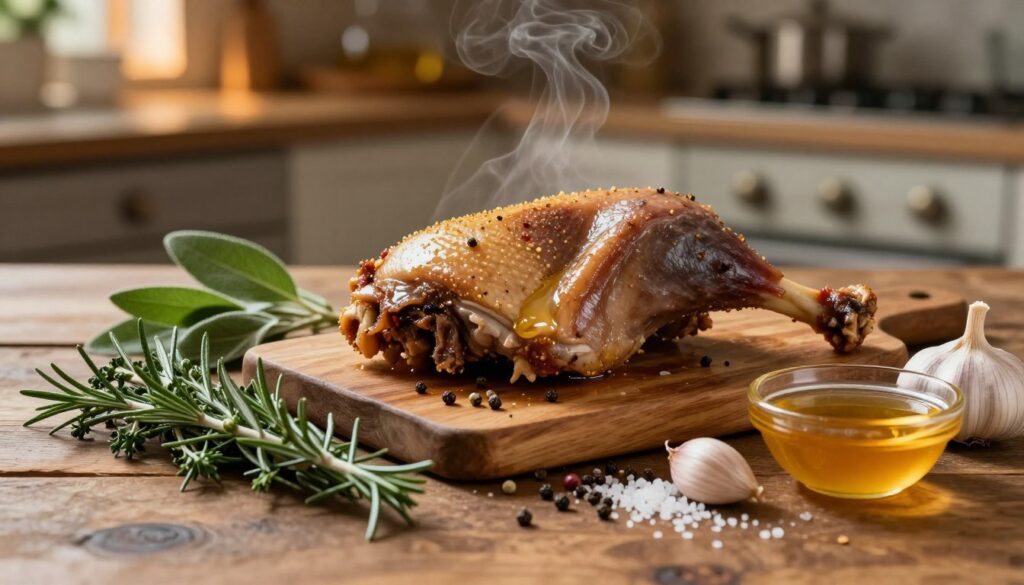 A beautifully arranged display of cooking ingredients for duck marinade, set on a rustic wooden table. In the foreground, there are fresh herbs like rosemary, thyme, and sage, along with whole garlic cloves and a small bowl of honey. The middle ground features a marinated duck leg, glistening and ready for roasting, surrounded by spices like peppercorns and sea salt sprinkled artfully. In the background, a soft-focus kitchen scene is visible, with warm, inviting lighting that creates a cozy atmosphere. A hint of smoke wafts up, suggesting a flavorful cooking process. The image captures the essence of preparation and the delightful aroma of a well-made marinade, evoking a sense of culinary artistry.