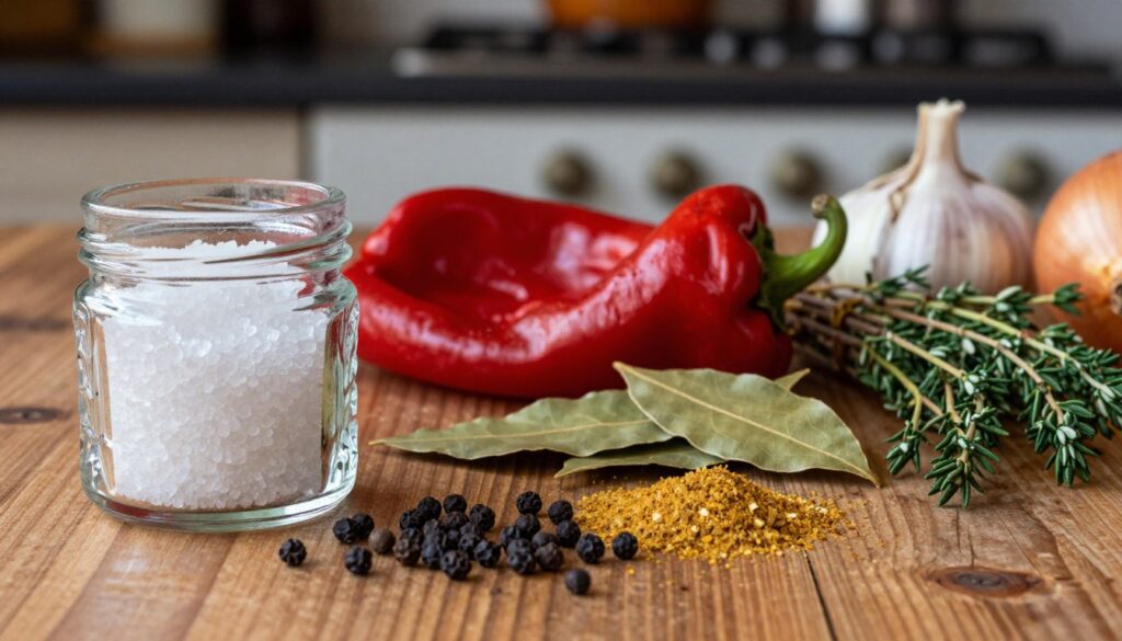 A beautifully arranged display of essential spices for traditional Polish bigos, featuring vibrant paprika, fragrant bay leaves, aromatic thyme, and whole black peppercorns artfully placed on a rustic wooden table. In the foreground, a crystal-clear glass jar filled with coarse sea salt glistens in the warm, soft lighting, capturing attention. The spices are both whole and ground, showcasing their textures and colors, while a hint of chopped onions and garlic can be seen in the background, hinting at the preparation process. The mood is cozy and inviting, reminiscent of home-cooked meals and family gatherings. A blurred kitchen scene can be faintly seen in the background, adding depth to the image. The overall composition conveys warmth, tradition, and the rich aromas that make bigos unforgettable. A beautifully arranged display of essential spices for traditional Polish bigos, featuring vibrant paprika, fragrant bay leaves, aromatic thyme, and whole black peppercorns artfully placed on a rustic wooden table. In the foreground, a crystal-clear glass jar filled with coarse sea salt glistens in the warm, soft lighting, capturing attention. The spices are both whole and ground, showcasing their textures and colors, while a hint of chopped onions and garlic can be seen in the background, hinting at the preparation process. The mood is cozy and inviting, reminiscent of home-cooked meals and family gatherings. A blurred kitchen scene can be faintly seen in the background, adding depth to the image. The overall composition conveys warmth, tradition, and the rich aromas that make bigos unforgettable.