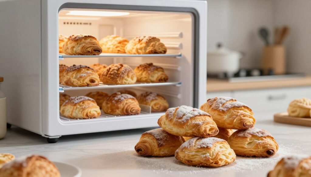 A beautifully arranged display of frozen baked puff pastry in a modern kitchen setting. In the foreground, several perfectly golden-brown puff pastries are artfully stacked, showcasing their flaky texture and delicate layers. The pastries are lightly dusted with flour, emphasizing their fresh-baked appearance. In the middle ground, a sleek, transparent freezer door is ajar, revealing more pastries carefully packed in airtight containers. The background features soft, warm lighting casting gentle shadows, creating an inviting atmosphere. A blurred kitchen countertop with subtle baking tools can be seen, hinting at a baking process. The image should evoke a sense of freshness and practicality, illustrating the concept of freezing baked goods without compromising their quality. A beautifully arranged display of frozen baked puff pastry in a modern kitchen setting. In the foreground, several perfectly golden-brown puff pastries are artfully stacked, showcasing their flaky texture and delicate layers. The pastries are lightly dusted with flour, emphasizing their fresh-baked appearance. In the middle ground, a sleek, transparent freezer door is ajar, revealing more pastries carefully packed in airtight containers. The background features soft, warm lighting casting gentle shadows, creating an inviting atmosphere. A blurred kitchen countertop with subtle baking tools can be seen, hinting at a baking process. The image should evoke a sense of freshness and practicality, illustrating the concept of freezing baked goods without compromising their quality.