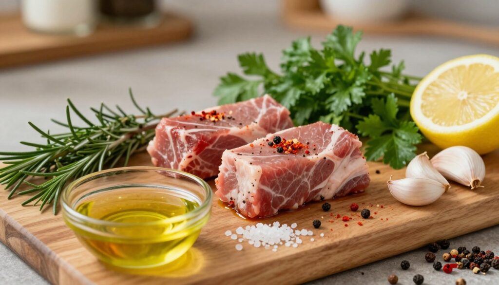 A beautifully arranged display of marinade ingredients for pork neck, featuring vivid fresh herbs like rosemary, thyme, and parsley, alongside colorful spices such as paprika, black pepper, and garlic cloves. In the foreground, a wooden cutting board showcases a small bowl filled with olive oil and vinegar, creating a glistening texture. The middle scene captures the essence of the preparation with scattered sea salt crystals and freshly squeezed lemon, enhancing the vibrant colors. The background is softly blurred, suggesting a cozy kitchen atmosphere with warm, natural lighting that evokes a sense of inviting flavor and rustic cooking. The mood is warm and earthy, reflecting the balance of herbs and spices that create a perfect marinade for grilling.