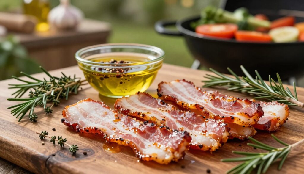 A beautifully arranged display of marinated bacon strips on a rustic wooden table, with fresh herbs like rosemary and thyme scattered around. The foreground features a close-up of glistening, perfectly seasoned bacon, showcasing its texture and glistening marinade. In the middle, a bowl filled with a homemade marinade made of spices, garlic, and olive oil sits invitingly. In the background, a softly lit outdoor grilling scene with a grill and seasonal vegetables, suggesting a warm, summery atmosphere. The lighting is warm and natural, casting a gentle glow on the bacon, enhancing its appetizing colors. The overall mood is inviting and rustic, ideal for summer grilling preparations.