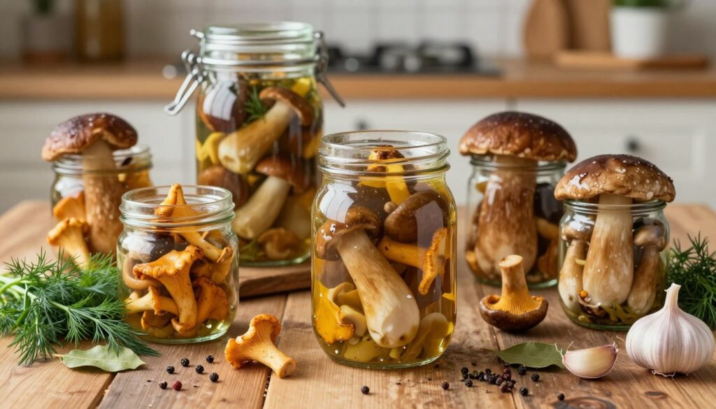 A beautifully arranged display of marinated mushrooms, showcasing a variety of types such as champignons, chanterelles, and porcini, glistening in a tangy sweet-and-sour vinegar marinade. In the foreground, a rustic wooden table top laden with jars filled with vibrant, colorful mushrooms surrounded by fresh herbs like dill and bay leaves, with light reflecting off the glass, creating a warm and inviting atmosphere. In the middle ground, a partially opened jar allows a view of the mushrooms inside, their textures visible, while spices like peppercorns and garlic cloves are scattered artistically around. The background features soft-focus kitchen elements, like wooden utensils and small bowls, suggesting a cozy home kitchen vibe. Soft, natural lighting enhances the inviting warmth of this culinary scene, evoking a sense of tradition and homemade goodness. A beautifully arranged display of marinated mushrooms, showcasing a variety of types such as champignons, chanterelles, and porcini, glistening in a tangy sweet-and-sour vinegar marinade. In the foreground, a rustic wooden table top laden with jars filled with vibrant, colorful mushrooms surrounded by fresh herbs like dill and bay leaves, with light reflecting off the glass, creating a warm and inviting atmosphere. In the middle ground, a partially opened jar allows a view of the mushrooms inside, their textures visible, while spices like peppercorns and garlic cloves are scattered artistically around. The background features soft-focus kitchen elements, like wooden utensils and small bowls, suggesting a cozy home kitchen vibe. Soft, natural lighting enhances the inviting warmth of this culinary scene, evoking a sense of tradition and homemade goodness.