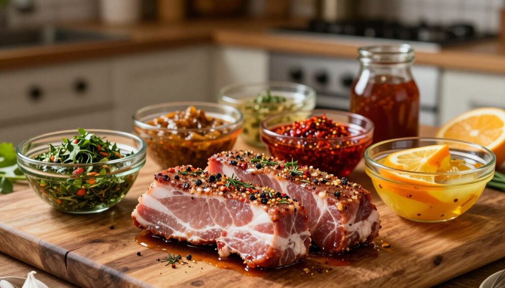 A beautifully arranged display of marinated pork neck (karkówka) on a rustic wooden table, showcasing various marinades in glass bowls. The foreground features the succulent, seasoned meat glistening with spices, herbs, and flavorful liquids. In the middle, colorful marinades such as a garlicky herb mix, a spicy paprika blend, and a tangy citrus marinade surround the meat, each vibrant and appealing. The background softly blurs to show a cozy kitchen setting, with warm, ambient lighting highlighting the textures of the meat and the natural ingredients. The atmosphere conveys warmth and creativity, inviting the viewer to explore techniques for achieving tender, juicy results through effective marination.