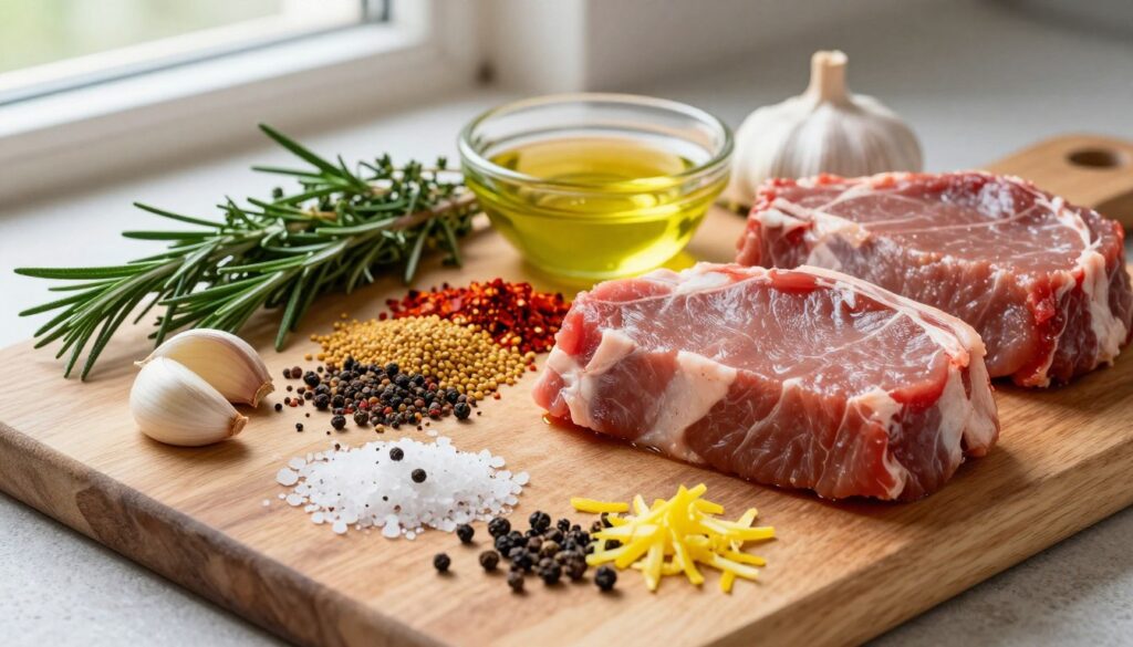 A beautifully arranged flat lay of marinade ingredients for veal, showcasing fresh herbs like rosemary and thyme, garlic cloves, and a small bowl of olive oil. In the foreground, a wooden cutting board adorned with coarse sea salt, crushed black pepper, and lemon zest offers a rustic touch. The middle ground features a vibrant array of colorful spices, such as paprika and mustard seeds, layered neatly around the bowl. In the background, soft natural light filters through a nearby window, casting gentle shadows and creating an inviting atmosphere. The overall composition exudes warmth and culinary artistry, ideal for capturing the delicate nature of the meat. A beautifully arranged flat lay of marinade ingredients for veal, showcasing fresh herbs like rosemary and thyme, garlic cloves, and a small bowl of olive oil. In the foreground, a wooden cutting board adorned with coarse sea salt, crushed black pepper, and lemon zest offers a rustic touch. The middle ground features a vibrant array of colorful spices, such as paprika and mustard seeds, layered neatly around the bowl. In the background, soft natural light filters through a nearby window, casting gentle shadows and creating an inviting atmosphere. The overall composition exudes warmth and culinary artistry, ideal for capturing the delicate nature of the meat.