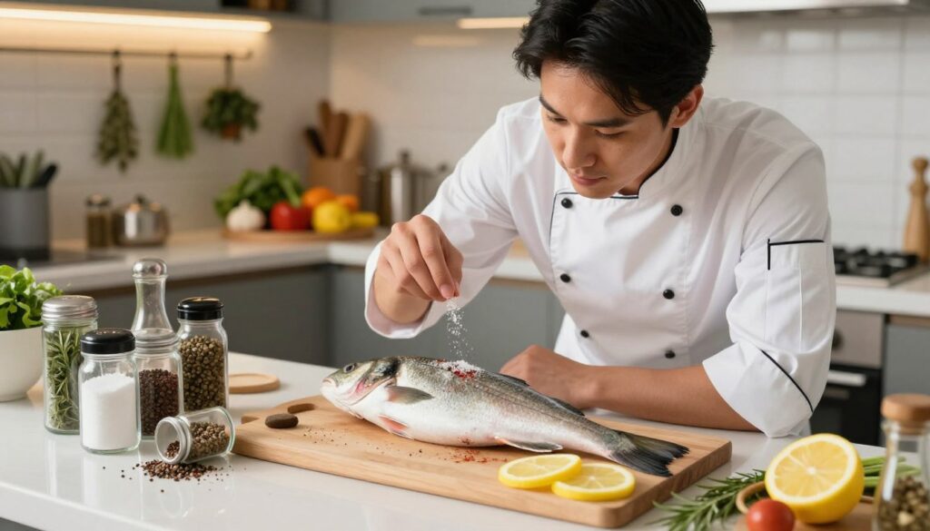 A beautifully arranged kitchen counter focused on the various common mistakes of seasoning fish. In the foreground, a fresh, whole fish sits on a cutting board, surrounded by an array of seasoning containers, some overturned to indicate overuse: salt, pepper, lemon slices, and herbs. The middle ground features a chef in a neat white apron, inspecting the fish with a look of concentration, using a pinch of salt to demonstrate proper seasoning technique. The background showcases a well-organized kitchen with herbs hanging and colorful vegetables displayed, bathed in warm, inviting light. The atmosphere feels educational yet inviting, emphasizing the theme of achieving the perfect balance in seasoning fish. The camera angle is slightly overhead, giving a clear viewpoint of the fish and ingredients without any text or distractions.