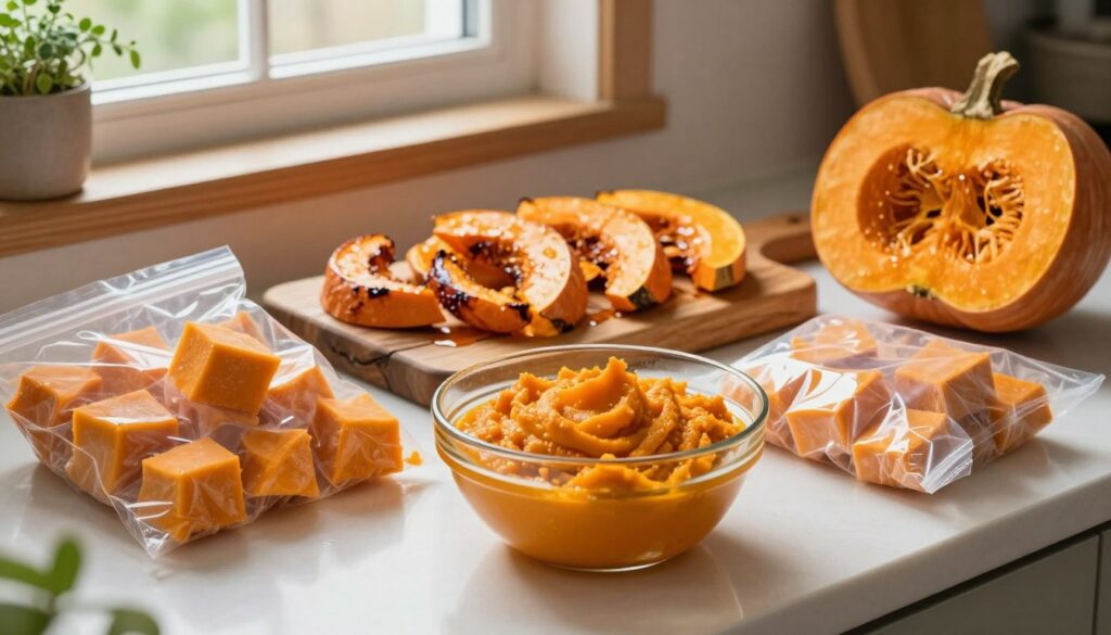 A beautifully arranged kitchen counter showcasing frozen pumpkin in various forms: chunks, roasted slices, and creamy pumpkin purée, all artistically placed. The foreground features a delicate glass bowl filled with vibrant orange pumpkin purée, while to the side, neatly packaged frozen pumpkin chunks sit in transparent freezer bags. The middle ground displays freshly roasted pumpkin slices, glistening with oil, atop a rustic wooden cutting board. In the background, soft natural light filters through a nearby window, illuminating the scene and creating a warm, inviting atmosphere. The kitchen is cozy, with wooden accents and hints of fresh herbs in small pots, evoking a sense of home and the joy of cooking. The overall mood is vibrant and wholesome, reflecting the benefits of freezing pumpkin for later use.